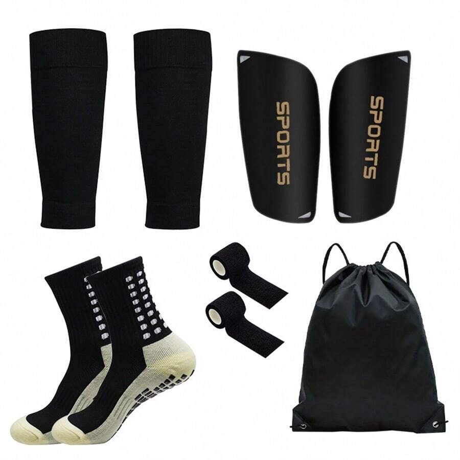 5pcs/Set Soccer Accessories Combo Pack Including Waterproof Drawstring Bag, Soccer Leg Warmers, Shin Guards, Anti-Slip Football Wrap, Sports Training Grip Socks, For Gym, Fall - Black - View 1