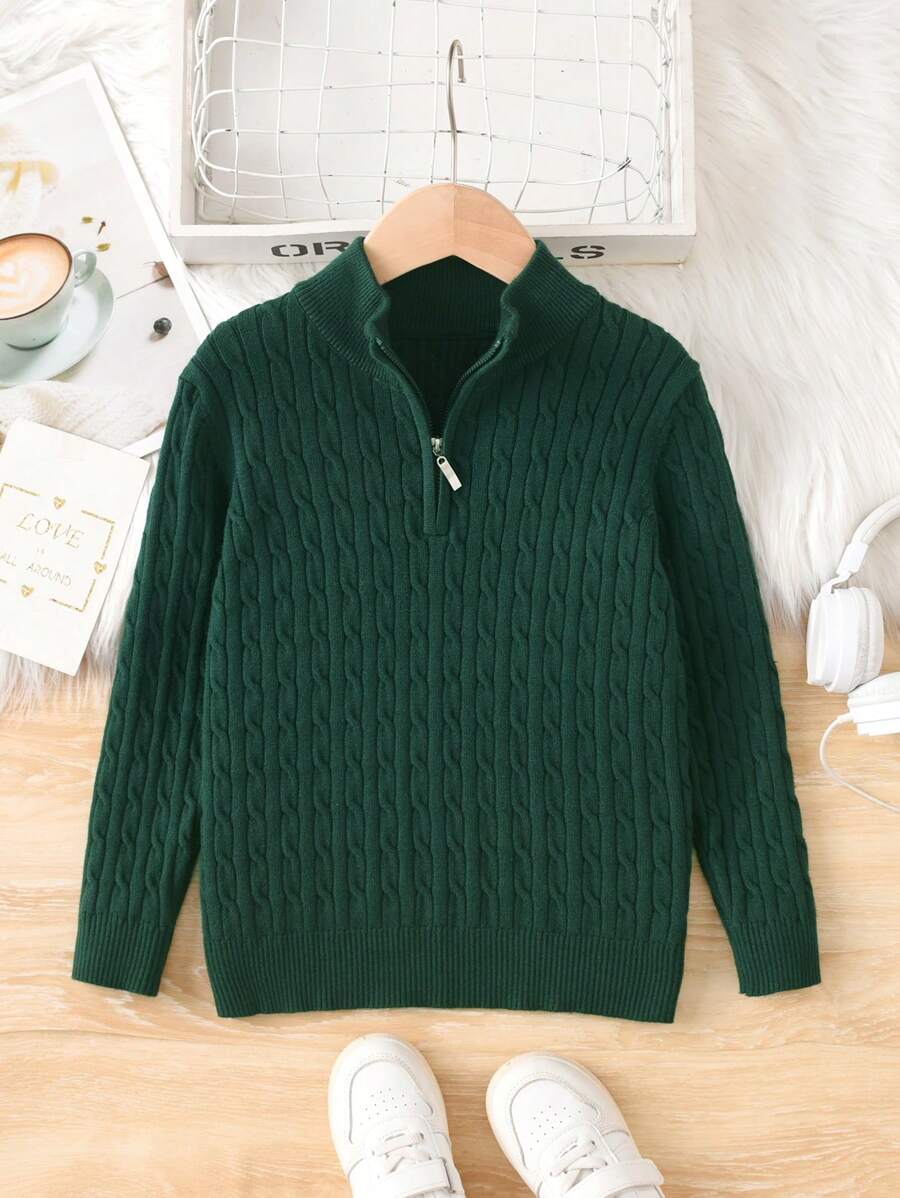 Tween Boy College Style Cable Knit Half Zip Pullover Sweater, Suitable For School Wear In Spring, Autumn & Winter - Dark Green - View 1