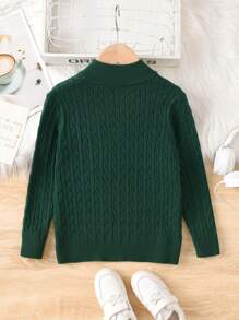 Tween Boy College Style Cable Knit Half Zip Pullover Sweater, Suitable For School Wear In Spring, Autumn & Winter - Dark Green - View 3