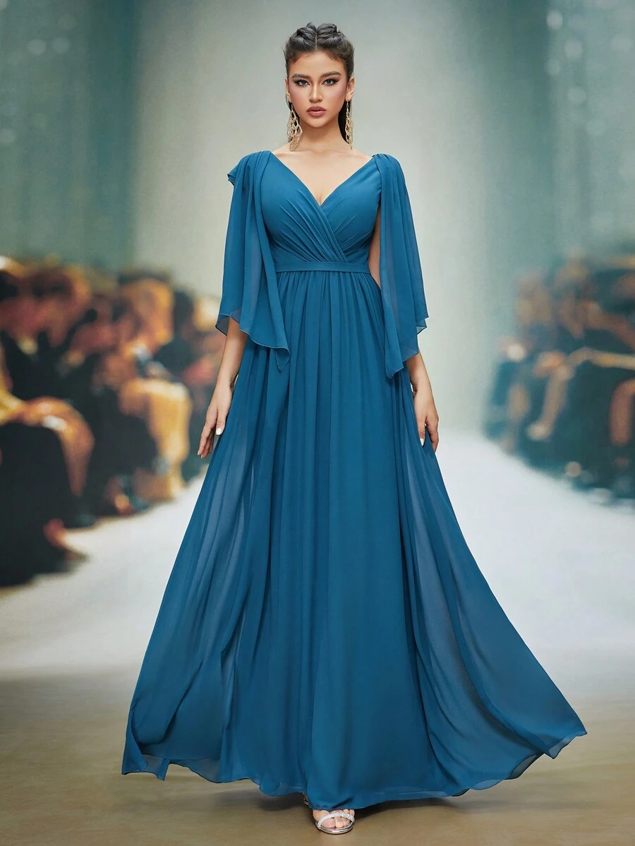 V-Neck Pearl Chiffon Flared Short Sleeve High-End Evening Dress,Bridesmaid Dress - Green - View 1