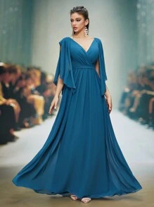 V-Neck Pearl Chiffon Flared Short Sleeve High-End Evening Dress,Bridesmaid Dress - Green - View 6