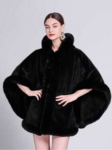 1 件女式连帽多色仿浣熊毛仿麂皮底部全羊毛装饰加厚保暖防风时尚个性化斗篷披肩，适合日常穿着、聚会、派对、节日、旅行和度假 - 多色披肩 - 查看 10