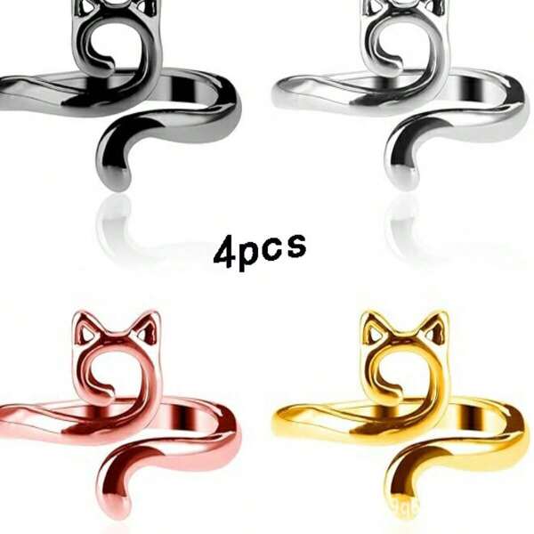 4 piezas de ganchos de ganchillo ajustables con anillos roscados, herramientas de tejido con diseño de gato lindo, accesorios de joyería de tejer únicos