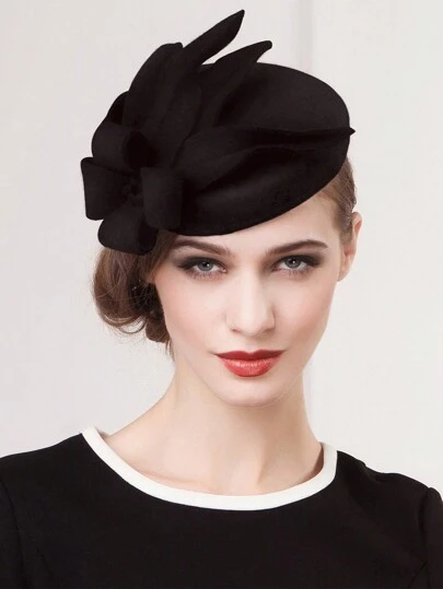 HIMESPORT 优雅羊毛毡女士礼帽 - 花朵串珠装饰，适合正式教堂茶会、鸡尾酒会、婚礼新娘帽，黑色、白色、驼色、灰色、酒红色可选