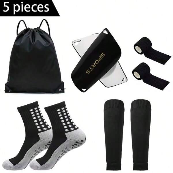 5pcs/Set Football Equipment Package Contains Waterproof Drawstring Bag, Football Leg Warmers, Shin Guards, Calf Sleeves, Anti-Slip Knee-High Leg Warmers For Youth Sports Training, For Gym