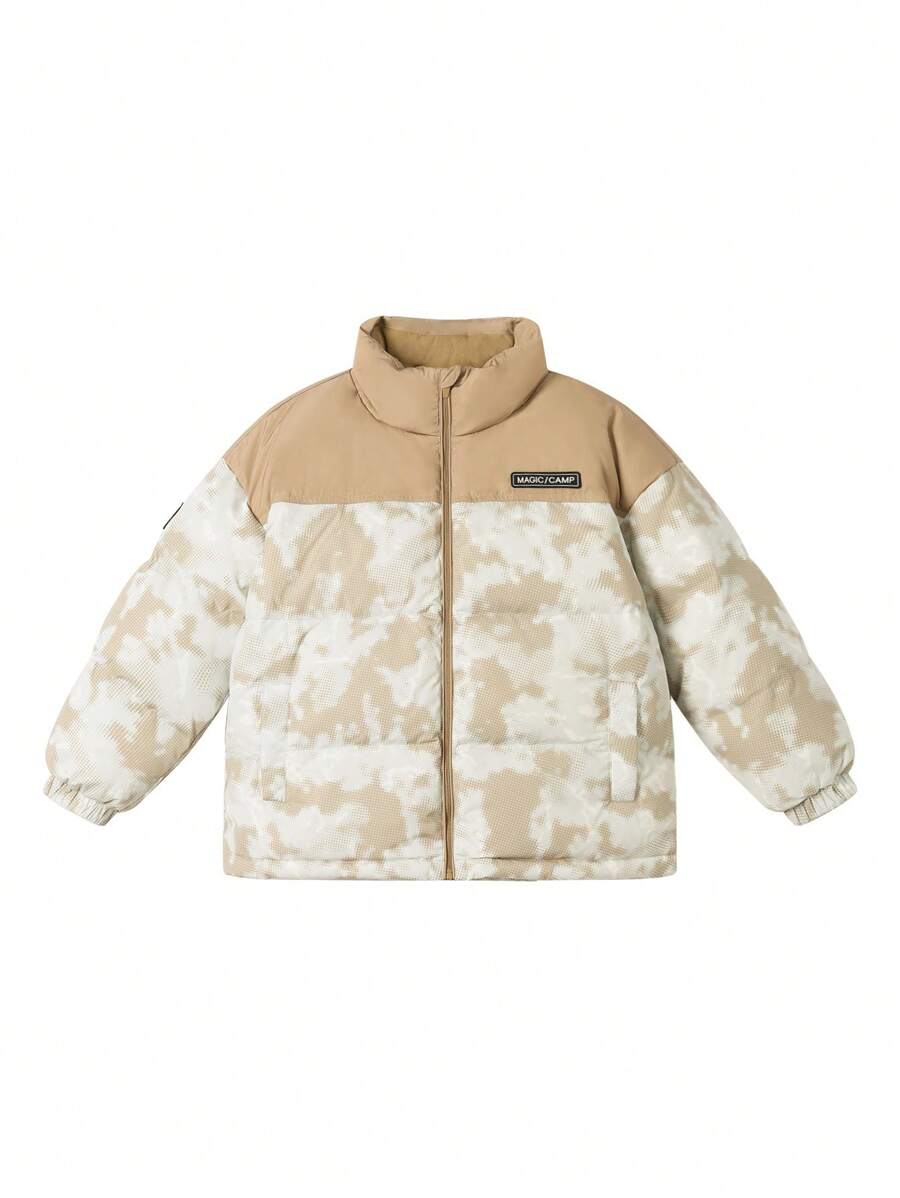 Annil Tween Boys Clothing. Mountain-Style Camouflage Printed Warm And Anti-Static Short Down Jacket. Waterproof, Windproof And Oil-Proof Padded Jacket Top For Tween Boys In Winter. - Khaki - View 1