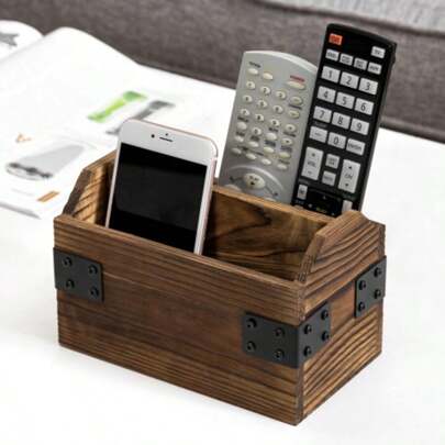 Rustic Burnt Wood Remote Control Holder, TV Remote Holder With 2 Slots, Wooden Remote Organizer Caddy For Table
