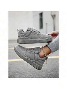 Women's Fashionable High-Grade Grey Breathable Lace-Up Casual Anti-Slip Sports Shoes, Outdoor All-Match Simple Style Thick-Soled Increasing Sneakers - Màu Khaki - Xem 7