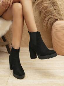 European & American Style Chelsea Boots, High Heel Waterproof Thick Sole Thick Heel Fashion Boots For Winter, Side Zipper High Heel Thick Heel Elegant Round Toe High Heel Shoes For Women, Suitable For Party, Holiday, Banquet, Wedding And Other Occasions, Decorated With Rhinestones, Ribbons And Bows, Black Ankle Boots Also Suitable For Wedding Wear.,Platform Heels For Women - Black - View 6