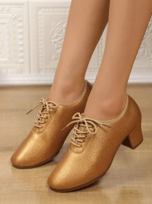 专业新款女式拉丁舞鞋，真皮成人软底交谊舞鞋 - 金色 - 查看 1