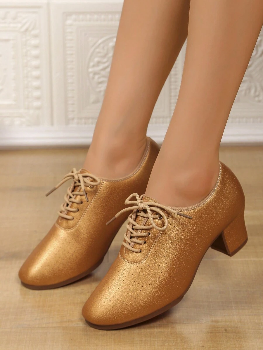 专业新款女式拉丁舞鞋，真皮成人软底交谊舞鞋 - 金色 - 查看 1