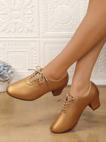 专业新款女式拉丁舞鞋，真皮成人软底交谊舞鞋 - 金色 - 查看 6