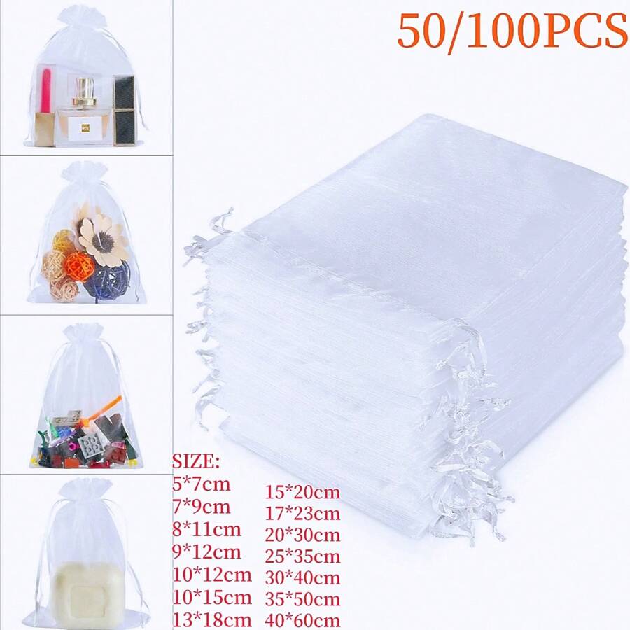 50/100pcs White Organza Gift Bags, New Year Party Candy Bags, Wedding Favor Bags, New Year Party Colorful Drawstring Organza Bags With Ribbons, Multiple Sizes, Baking Packaging Bags, Jewelry Gift Bags, Suitable For Weddings, Back To School Gifts, Family Gatherings, Celebrations, Outdoor Parties, All Seasons, Can Also Be Used As Fruit Protection Bags