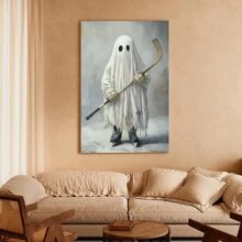 1 Pc Framed Canvas Wall Art Phantom On Ice, Hockey Canvas Painting, Spooky Season Wall Art Decor, Halloween Poster Gift For Hockey Lovers For Living Room Bedroom - Black - View 2