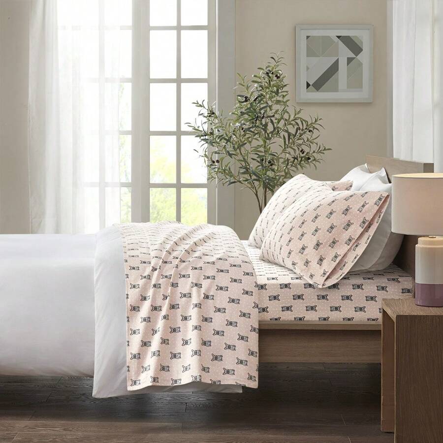 Cozy Touch 3/4 Pieces Lightweight Flannel Bedding Sheet Sets,Utra-Soft Easy Care With 12"-14"Deep Pockets,Multi-Ink Printed Home Textile Fits Diverse Home Decor,3 Pieces Set For Twin Size And 4 Pieces Set For QUEEN-KING-CAL KING Size - 粉紅法國鬥牛犬 - 查看 1