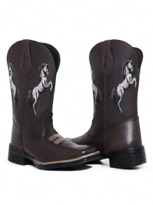 Black Horse Embroidered Cowboy Boot - Cà phê nâu - Xem 3