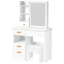 Vanity Desk With Sliding Mirror, Bedroom Dressing Table, Makeup Table With 5 Drawers & Shelves, Hidden Storage Space - White - View 3