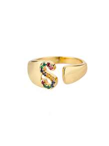 1 Pc Fashion Colorful Zirconia A-Z Letter Ring For Women Gold Color Stainless Steel Geometric Open Initial Ring Wedding Engagement Jewelry Party Gift