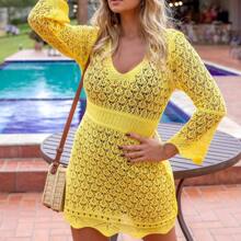 Short Knitted Summer Beach Cover-Up With Lace Waist And Long Flare Sleeves, Short V-Neck - Màu vàng - Xem 4