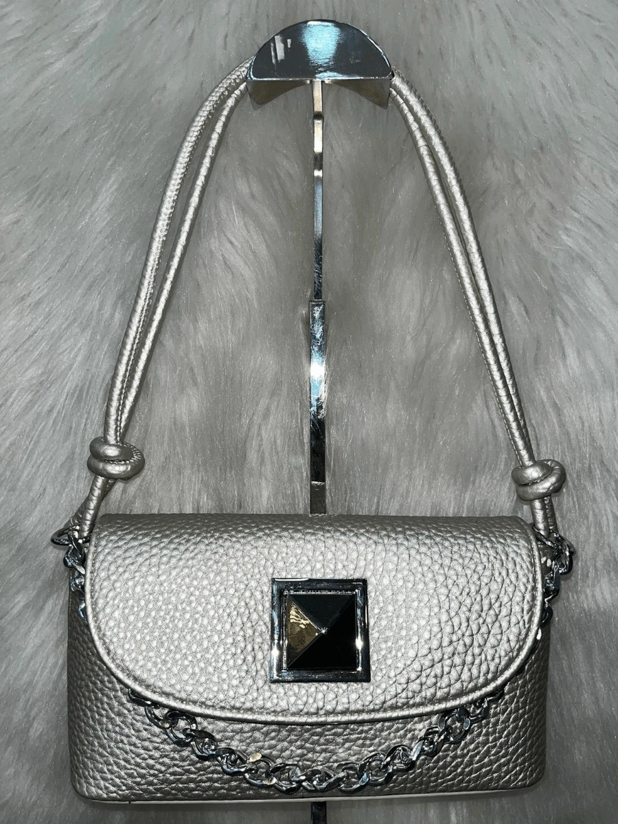 Women Minimalist Basic Fashion Casual Style Handbag For Party Work Travel With Turn Lock Side Handle And Hand Chain - Bạc - Xem 1