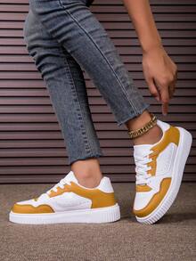 女士户外白色透气网眼系带厚底运动鞋，校园风格休闲时尚运动鞋 - 黃色 - 查看 5