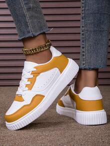 女士户外白色透气网眼系带厚底运动鞋，校园风格休闲时尚运动鞋 - 黃色 - 查看 4