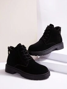 Stivali alla caviglia casual in nero comodi e caldi con fodera in pelliccia sintetica, con lacci, per le donne in inverno
