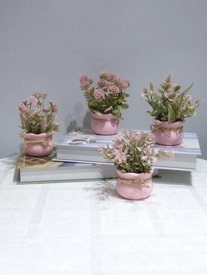 1 件/4 件迷你人造花盆栽，粉色系列假花和绿植，家居装饰，办公室/办公桌/餐桌/梳妆台装饰假植物，情人节，礼物