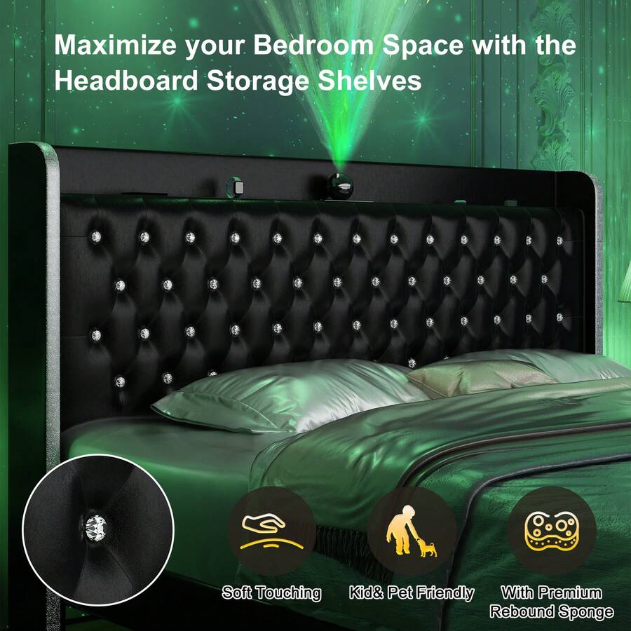 Queen LED Bed Frame With Galaxy Projector, Bluetooth Speakers, USB