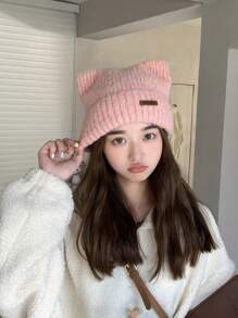 1pc Ladies' Knitted Beanie Hat With Leather Logo & Small Ears Design, White Color To Show Small Face And Keep Warm In Winter, Suitable For Daily Wear Cute - White - View 15