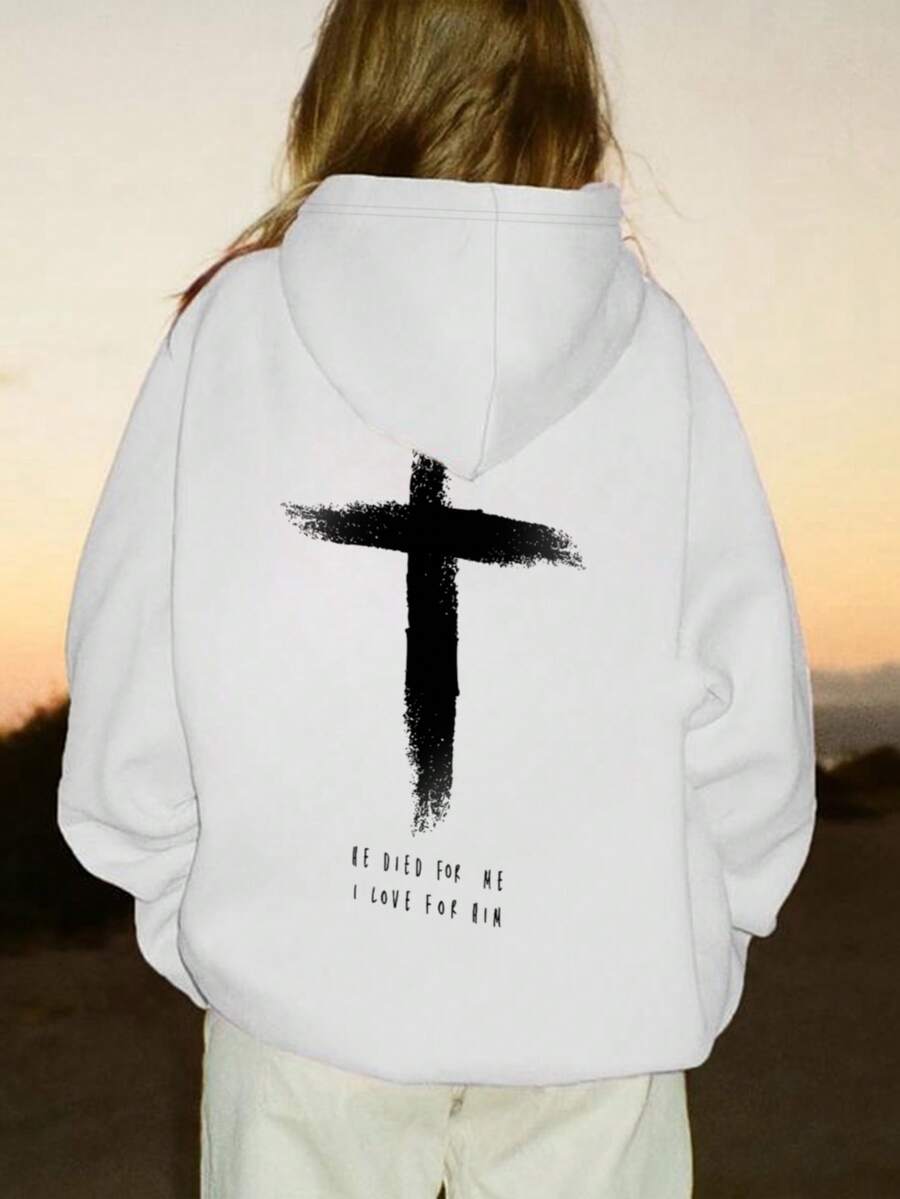 女士休闲十字印花抽绳连帽长袖运动衫，适合秋冬季，释放您的时尚潜力：探索我们的女士连帽衫系列，融合温暖与时尚 - 白色 - 查看 1