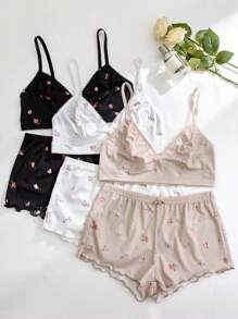3pcs Set Women Plain & Floral Print Ruffle Trim Bra Set Two Pieces Set Women 2 Pieces Set - Multicolor - View 3