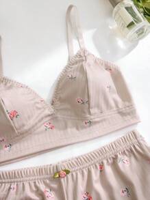 3pcs Set Women Plain & Floral Print Ruffle Trim Bra Set Two Pieces Set Women 2 Pieces Set - Multicolor - View 5