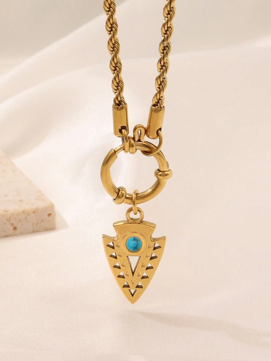 1 件不锈钢蓝色天然石几何吊坠项链女式时尚金色扭链项链珠宝 - 項鍊 - 查看 1