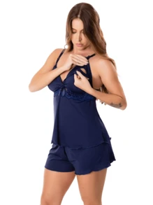 Nursing Nightgown With Baby Doll For Pregnant Women Easy Open Click Maternity Pajamas Kit Pregnant Fashion - 藏蓝色 - 查看 2