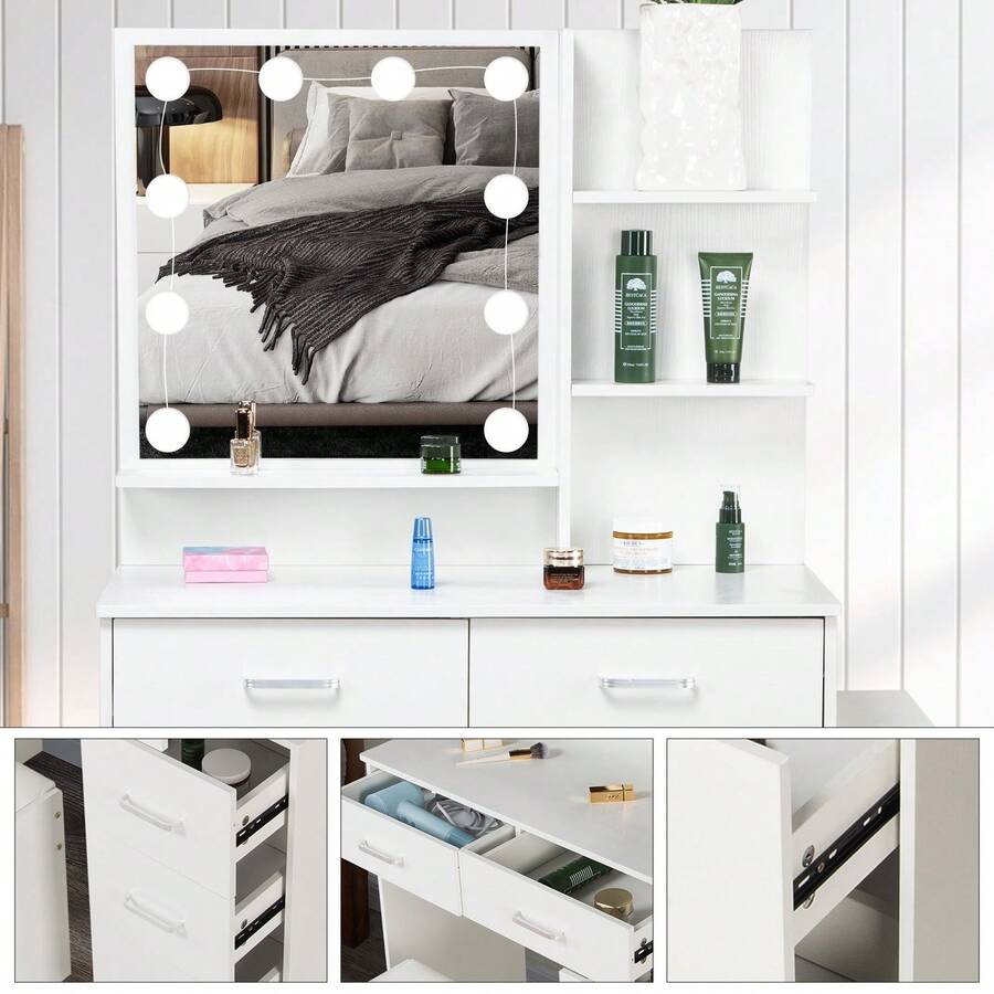 Makeup Table With 5 Drawers And Storage Shelf, Vanity Desk With Mirror