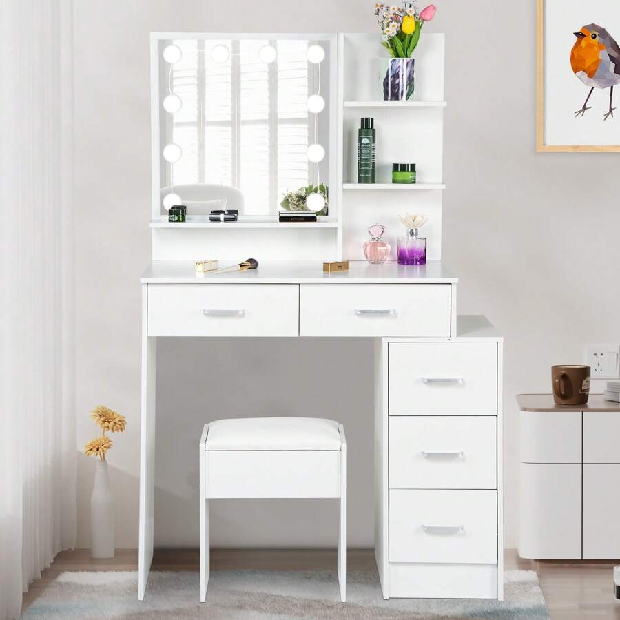 Makeup Table With 5 Drawers And Storage Shelf, Vanity Desk With Mirror