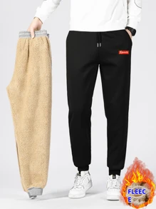 大码男友风男士休闲运动裤，带保暖内衬，适合秋冬季穿着 - 黑色 - 查看 1