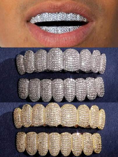 THATBOY 1 pieza/2 piezas Joyería de rapero, accesorio de disfraz de cosplay, juego de plata dorada de 18K completamente brillante para fiesta de Halloween de hip-hop, con 8 gómenos superiores y 8 inferiores - Decoraciones de cubic zirconia para fiesta de despedida de soltera, cyber punk, Halloween, moda, joyería unisex, regalo para navidad, año nuevo, san valentín