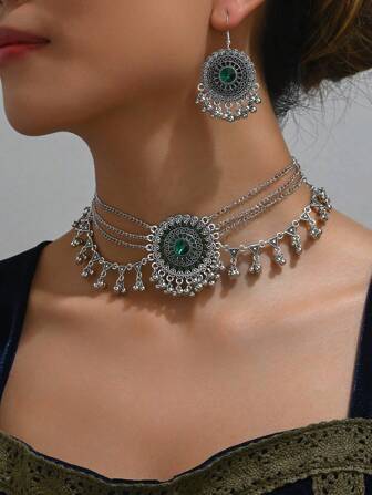 1pc Simple Green Gem Dangle Necklace For Women, With Shiny Rhinestone Embellished Flower Bud Pendant, And 1pair Vintage Drop Earrings As Women's Jewelry Set Valentines,Mom,Mother,Mother's Day,Gift