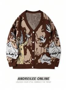 Áo len dài tay cổ chữ V dáng rộng họa tiết chim bồ câu hiệu Andreilee, trang phục đường phố đa năng dành cho nam và nữ, phù hợp cho mùa xuân, thu và đông. - màu nâu - Xem 1