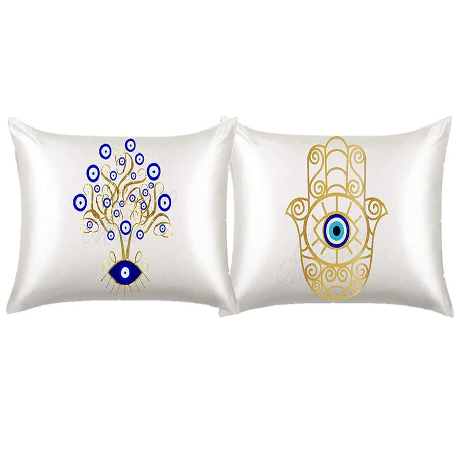 2 Personalized Satin Pillowcases Tree Of Life Evil Eye Hamsa - 白色 - 查看 1