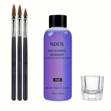 75ml Set de liquide monomère acrylique NOCIS - Système professionnel inodore pour extensions d'ongles avec 3 pinceaux à ongles et coupelle en verre