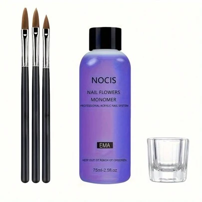 75 ml NOCIS Akrilik Sıvı Monomer Seti - 3 Tırnak Fırçası ve Cam Dappen Kabı ile Tırnak Uzatma İçin Profesyonel Kokusuz Sistem Akrilik Pres Tırnaklar