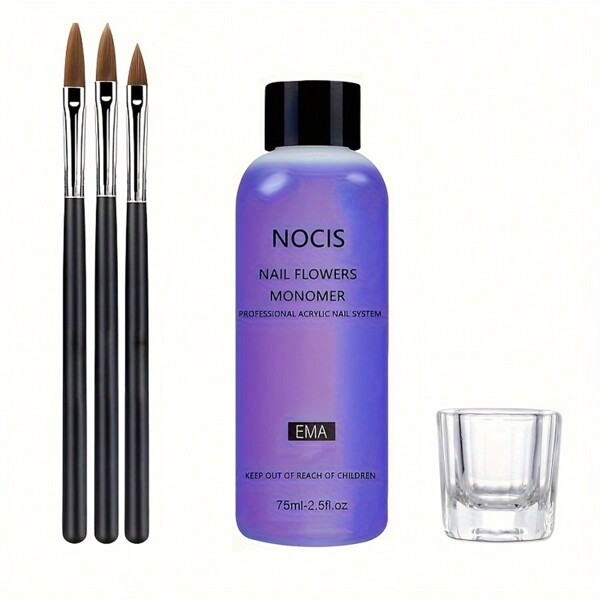 75ml Set de liquide monomère acrylique NOCIS - Système professionnel inodore pour extensions d'ongles avec 3 pinceaux à ongles et coupelle en verre