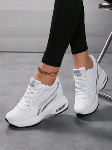 秋冬女式网眼坡跟运动鞋，透气系带增高运动鞋，休闲步行鞋 - 白色 - 查看 5