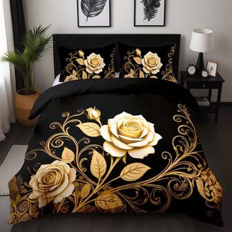 3pcs Duvet Cover Set, Black Golden Floral Print Bedding Set, Soft Comfortable Duvet Cover, For Bedroom, Guest Room (1*Duvet Cover + 2*Pillowcase, Without Core)