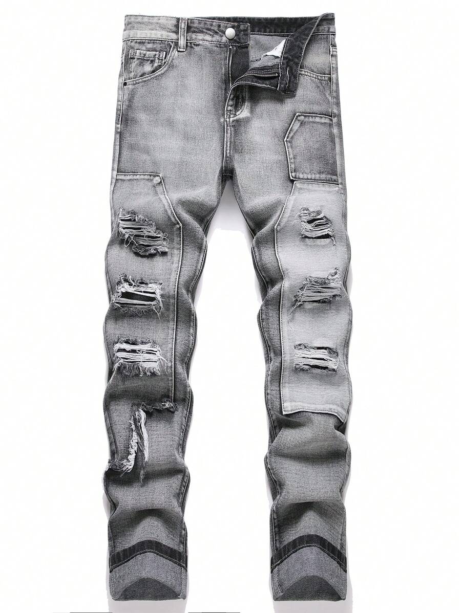 Men's Fashion Ripped Skinny Daily Wear Casual Jeans - Grey - View 1