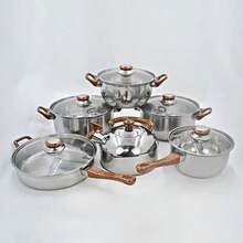 6pcs Stainless Steel Cookware Set With Wooden Handle, 12pcs Kitchen Cooking Pots - Silver - View 3