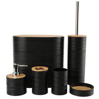 浴室配件套装 6 件竹制浴室套装包括皂液器、牙刷架、牙刷杯、肥皂盒，用于装饰台面、生日、节日、乔迁、圣诞节礼品套装（灰色、黑色、米色和白色）